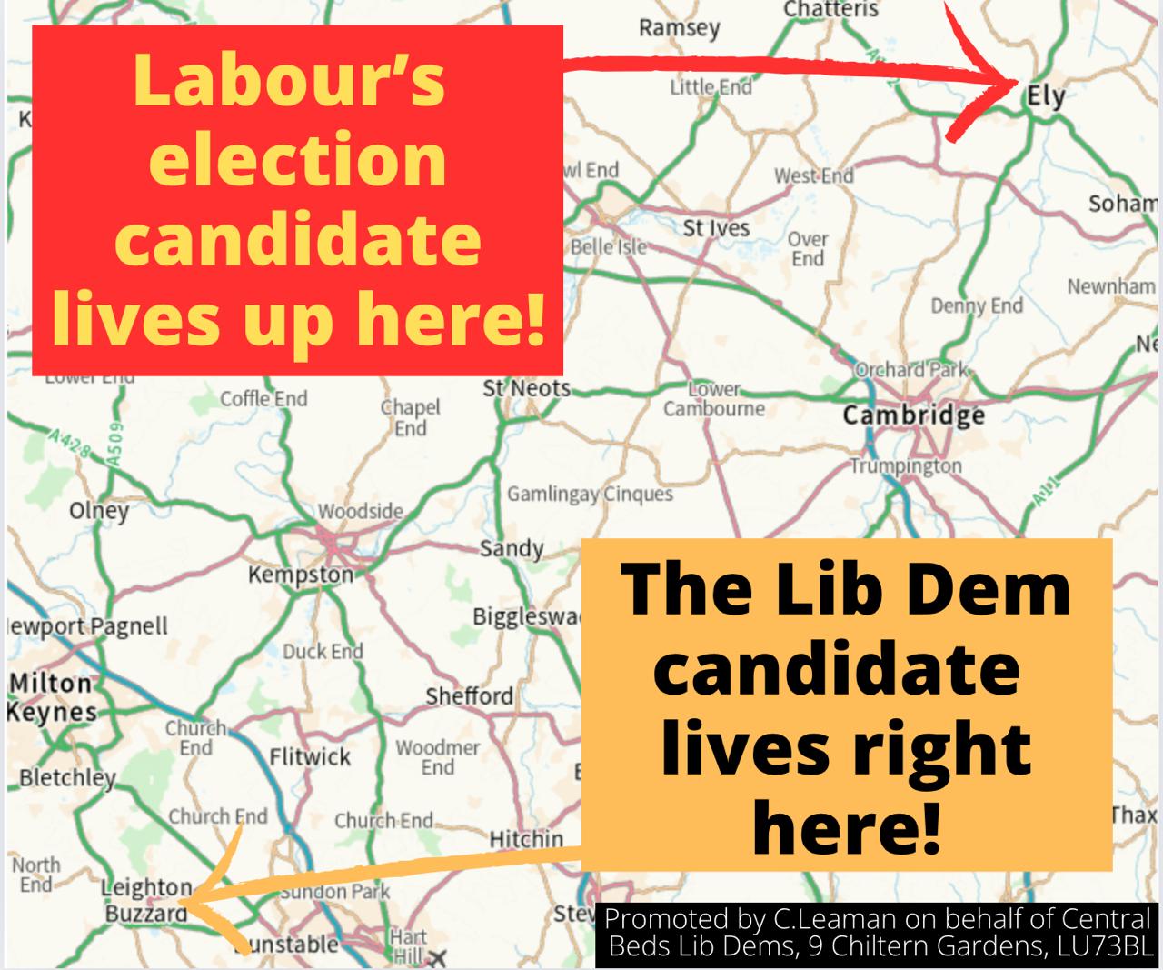 Map showing where Labour's candidate lives near Ely, and Emma Holland-Lindsay in Leighton Buzzard