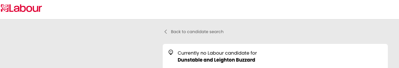 Screenshot of the Labour website showing no candidate in Dunstable & Leighton Buzzard